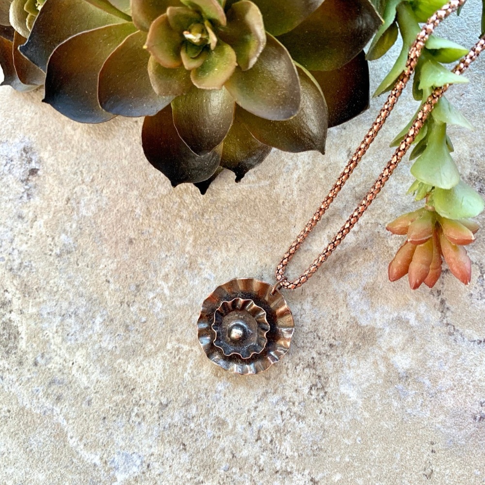 Folded Copper Flower Pendant Necklace, Rustic Jewelry
